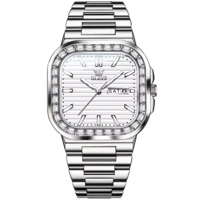 OLEVS 9966 New Diamond Quartz Watch For Men Square Dial Dual Calendar Man Wristwatches Stainless Steel Waterproof Hand Clock